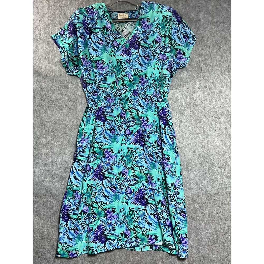 Vintage Dress Womens Large Blue Tropical Hawaiian Floral Pockets Midi Made USA
